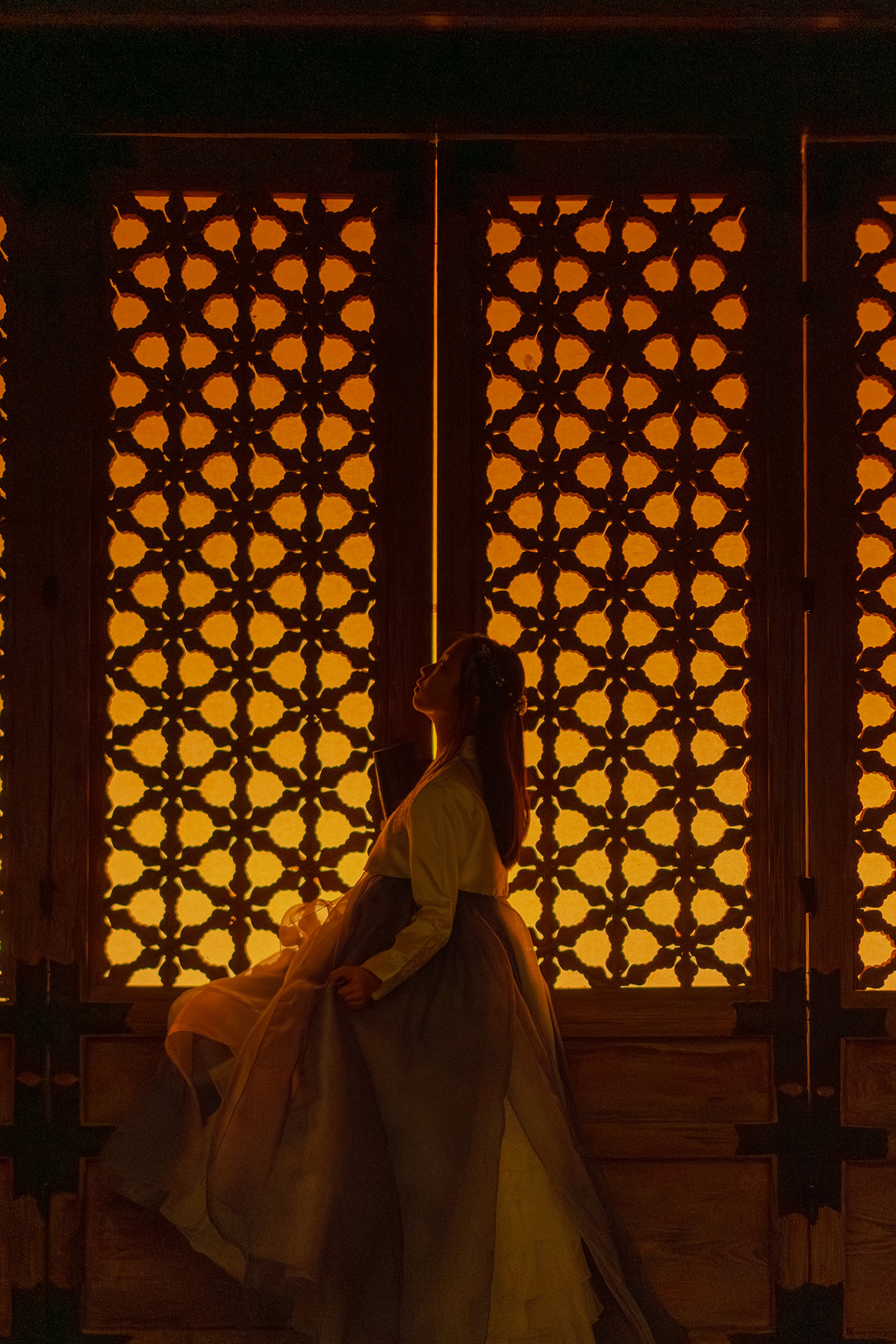 A warm silhouette portrait in front of a traditional patterned door